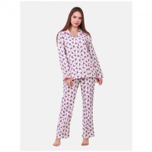 Пижама , брюки, рубашка, застежка пуговицы, длинный рукав, пояс на резинке, карманы, размер 56, розовый, белый А-ЛЁНка. Цвет: розовый/белый