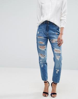 Рваные джинсы бойфренда с завышенной талией -Синий Parisian
