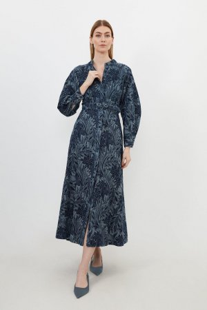 Джинсовое жаккардовое платье миди с цветочным принтом , синий Karen Millen