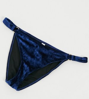 Эксклюзивные бархатные трусы бикини темно-синего цвета из коллекции Fuller Bust с высоким вырезом бедра и отделкой кольцами -Черный цвет Wolf & Whistle