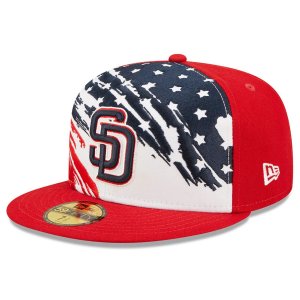Мужская кепка New Era Red San Diego Padres 2022 4 июля On-Field 59FIFTY Облегающая шляпа