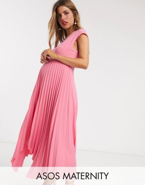 Розовое платье миди с V-образным вырезом и плиссированной асимметричной юбкой ASOS DESIGN Maternity-Фиолетовый Maternity