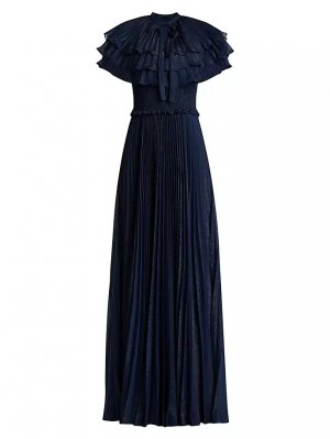 Платье-кейп металлизированного цвета с рюшами, синий Zac Posen