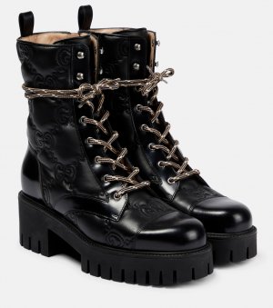 Стеганые кожаные ботинки на шнуровке с узором GG , черный Gucci
