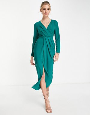 Темно-зеленое платье миди с длинными рукавами и глубокими складками спереди ASOS DESIGN