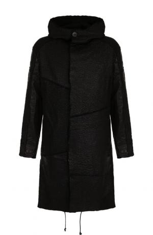 Однобортное кожаное пальто с капюшоном Transit. Цвет: черный