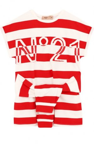 Хлопковое мини-платье в полоску с декоративным поясом N21. Цвет: красный