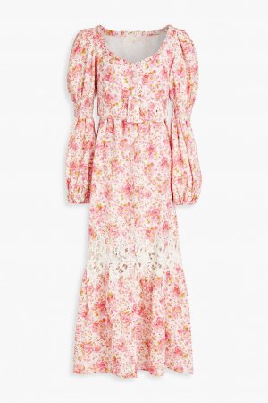 Платье миди из льна и хлопка с гипюровым кружевом цветочным принтом BYTIMO, розовый byTiMo