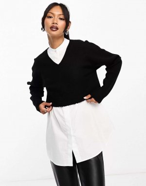 Donna 2-в-1 укороченный вязаный джемпер и белая рубашка черно-белого цвета AllSaints. Цвет: черный