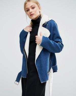 Джинсовая байкерская куртка с подкладкой из искусственной овечьей шерс J.O.A. Цвет: синий