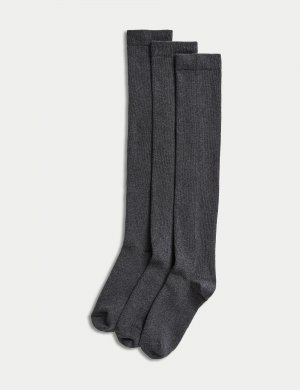 3 пары носков выше колена с высоким содержанием хлопка , серый Marks & Spencer