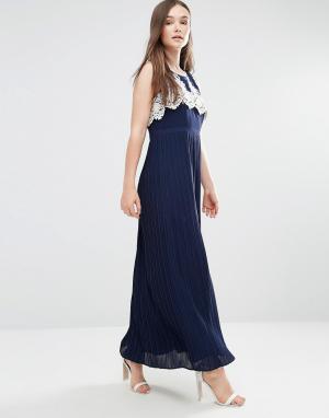Платье макси с плиссированной юбкой и ажурным лифом Melissa Darling. Цвет: темно-синий