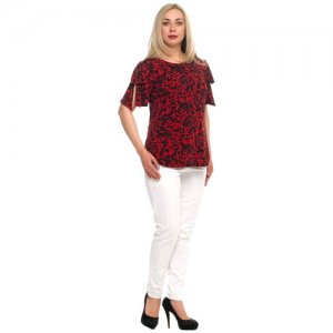 Блуза Olsi, повседневный стиль, полуприлегающий силуэт, короткий рукав, флористический принт, размер 64, красный plus size OLS