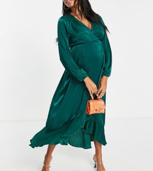 Изумрудно-зеленое платье макси на запах с длинными рукавами -Зеленый цвет Flounce London Maternity