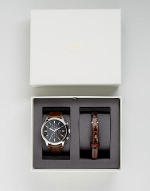 Часы с кожаным ремешком и браслет в подарочном наборе FS5394 Ru Fossil. Цвет: коричневый