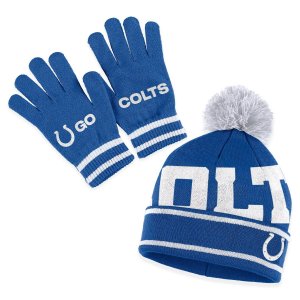 Женская одежда от Erin Andrews Royal Indianapolis Colts Вязаная шапка с двойными жаккардовыми манжетами, комплект помпоном и перчатками Unbranded
