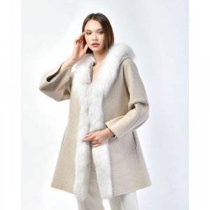 Пальто, лиса, силуэт свободный, капюшон, пояс/ремень, размер 42, серый Guy Laroche. Цвет: серый