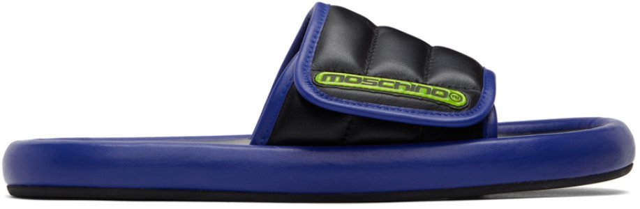 Черно-синие шлепанцы с логотипом Moschino