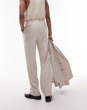 Широкие костюмные брюки из смесовой шерсти с завышенной талией цвета экрю Topman