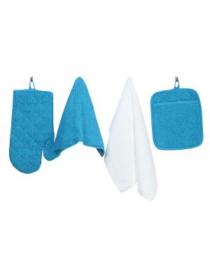 Набор кухонных принадлежностей из микрофибры: прихватка, рукавица, салфетка полотенце ТекСтиль для дома. Цвет: голубой, белый