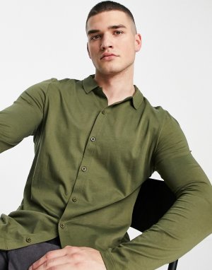 Трикотажная рубашка цвета хаки на пуговицах с длинными рукавами -Зеленый цвет ASOS DESIGN