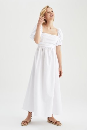 Платье макси из поплина с квадратным вырезом и короткими рукавами-фонариками , белый DeFacto