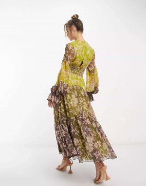 Платье миди со сборками на талии и рукавами-блузонами ASOS