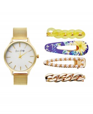 Женские аналоговые часы Jessica Carlye с кварцевым механизмом, золотистым сетчатым браслетом, 36 мм, набором заколок для волос Carlyle