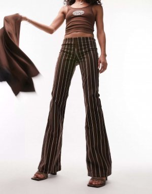 Шоколадные брюки-клеш с низкой посадкой и полосатым принтом Topshop. Цвет: коричневый