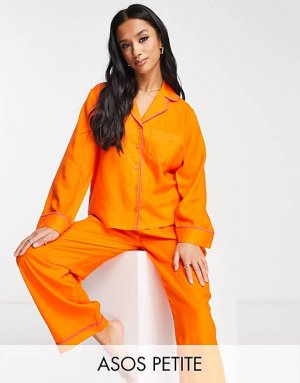 Эксклюзивный оранжевый пижамный комплект из рубашки и брюк с контрастной окантовкой ASOS DESIGN Petite модала