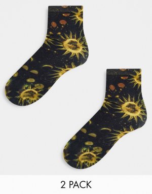 Набор из 2 пар черных носков с принтом солнца -Черный цвет Monki