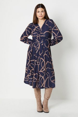 Плиссированное платье миди с длинными рукавами и запахом из джерси , темно-синий Wallis