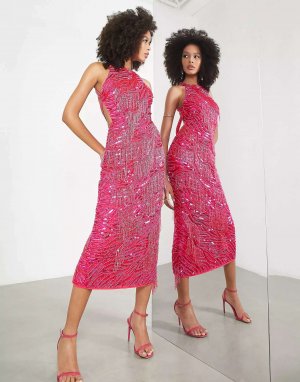 Ярко-розовое платье миди с жемчугом и бахромой Asos