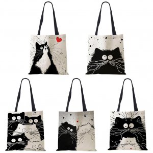 Индивидуальная сумка для покупок с милым котом, женская принтом, льняные сумки логотипом, повседневные пляжные путешествий VIA ROMA