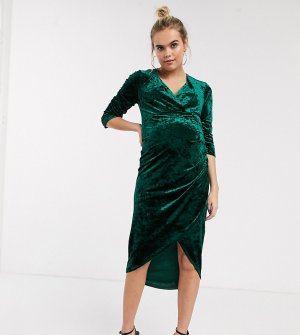 Бархатное платье миди с запахом -Зеленый TFNC Maternity