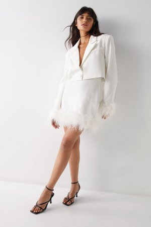 Мини-юбка строгого кроя с отделкой перьями , белый Warehouse