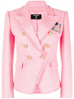 Двубортный твидовый пиджак Balmain. Цвет: розовый