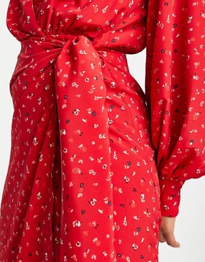 Гламурное облегающее платье с запахом и длинными рукавами, разноцветное красное цветочным принтом Glamorous