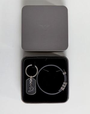 Черный кожаный браслет и брелок для ключей с логотипом-орлом Emporio A Armani. Цвет: черный