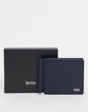Темно-синий фактурный бумажник с зажимом -Черный BOSS
