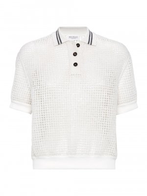 Рубашка-поло Dazzling Net Embroidery из мохера и шерсти , белый Brunello Cucinelli