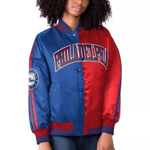 Женская стартовая атласная университетская куртка с длинными кнопками королевского/красного цвета Philadelphia 76ers разрезом Starter