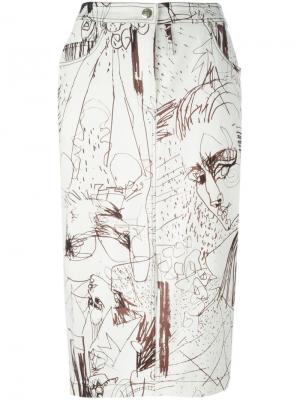 Джинсовая юбка с принтом John Galliano Vintage. Цвет: белый