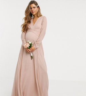 Нежно-розовое присборенное платье макси с длинными рукавами и плиссированной юбкой ASOS DESIGN Maternity Bridesmaid-Розовый цвет