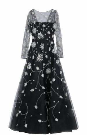 Приталенное платье-макси с длинным рукавом и контрастной вышивкой Oscar de la Renta. Цвет: черно-белый
