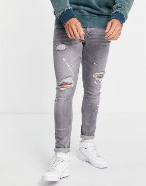 Серые эластичные джинсы зауженного кроя со рваной отделкой, заплатками и дизайном в виде брызг краски -Серый Topman