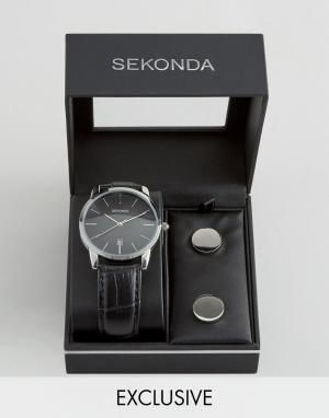 Часы с черным кожаным ремешком и запонки в подарочном наборе э Sekonda. Цвет: черный
