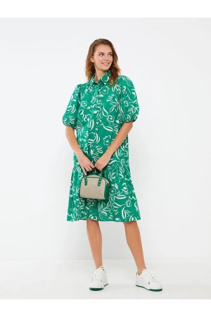 Lcw повседневное женское платье из поплина с короткими рукавами и воротником-рубашкой , зеленый LC Waikiki