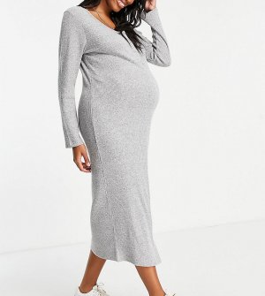Серое меланжевое платье миди в рубчик с кнопками спереди -Серый River Island Maternity