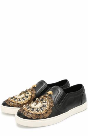 Кожаные слипоны London с аппликацией Dolce & Gabbana. Цвет: черный